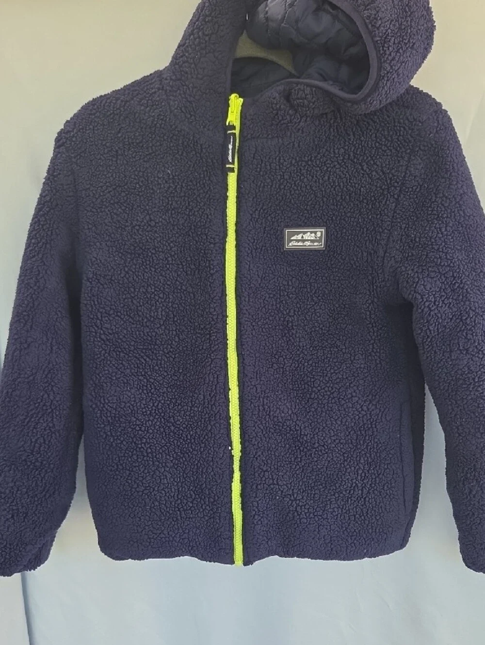 Eddie Bauer (Reversable) Blue & Navy Hooded Puffer Jacket with Neon Accents.